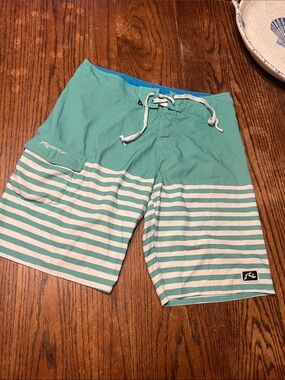 Rusty Aqua & White Striped Men’s Board Shorts